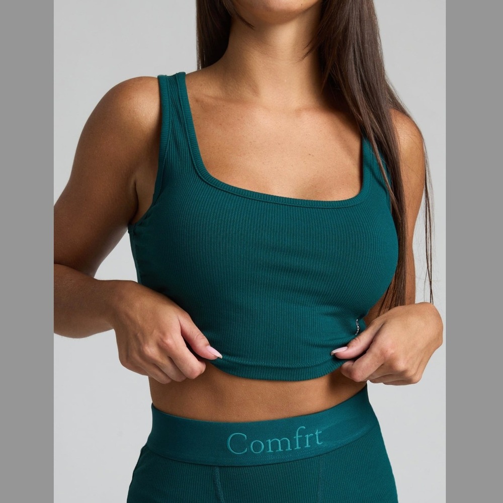 Comfrt Ribbed Crop Tank Top Teal Green Scoop Neck Womens MEDIUM